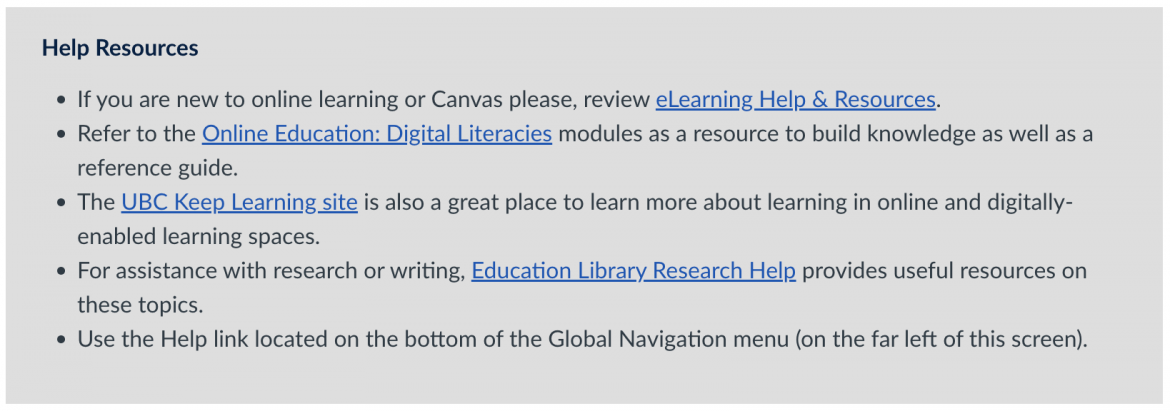 Screenshot of the Hep Resources available through the ETS Canvas Starter Template. 