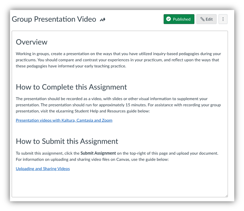 Screenshot on how to link help resources for a video assignment. 