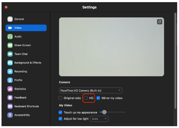 A screenshot of Zoom Settings highlighting the checkbox to disable High Definition video.